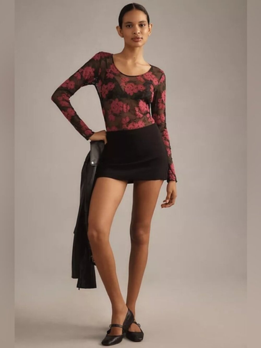 Anthropologie Underprotection Sophia Sheer Mesh Bodysuit Blk Fuchsia - M